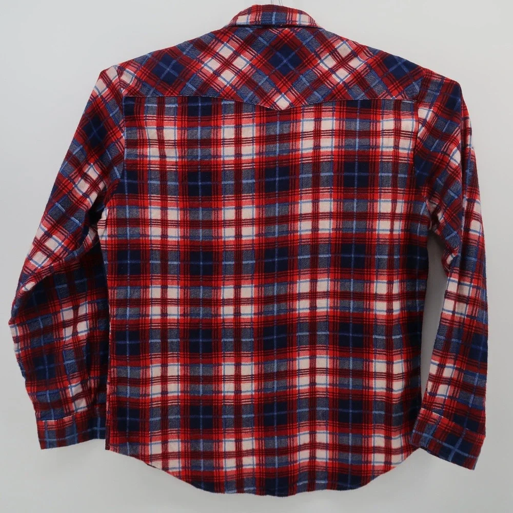 Vintage McGregor Bagpiper Mens Medium Red Blue Plaid Western Pearl Snap Flannel